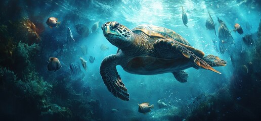 Fototapeta premium Majestic sea turtle gracefully swims amidst vibrant coral reef and diverse fish