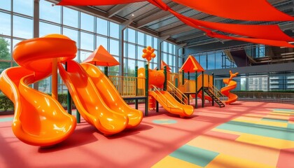 Modern playground with vibrant orange slides and colorful, patterned flooring, shapes, colorful surface