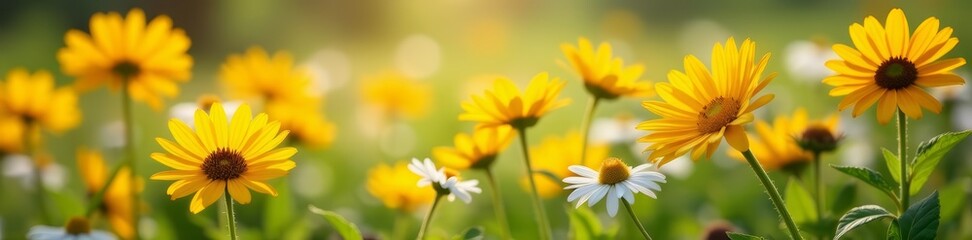 Close-up of colorful daisies and sunflowers in meadow, daisies, summer, nature © Surangkanang