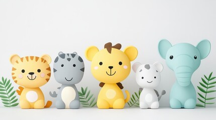 Naklejka premium Adorable jungle animal figurines charming nursery decor whimsical creature collection children's room art playful critter display delightful baby shower presents rubber toys