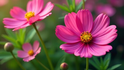 Fototapeta premium Close-up of cosmos flowers in full bloom with green leaves, cosmos, plants, petals