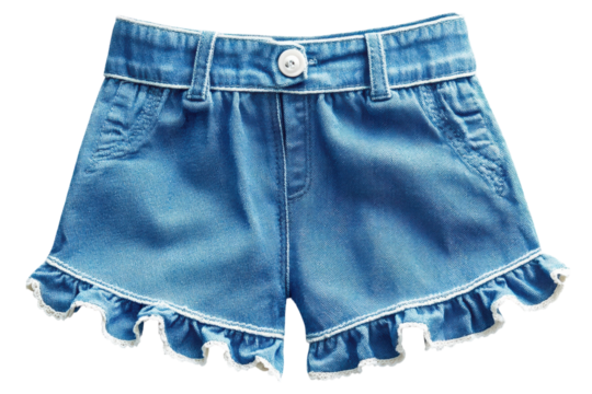 Adorable baby girl s denim shorts with delicate ruffled trim button closure and classic light on transparent background