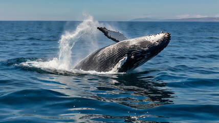Obraz premium This incredible sight captures a majestic whale leaping out of the calm blue ocean surface.