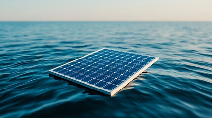 A solar panel floats on calm ocean water, harnessing renewable energy in a sustainable and innovative way.