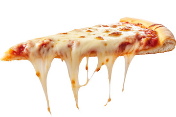 Close-up view of a cheesy pizza slice with melted cheese dripping down the side.  The slice is displayed against a plain background.
