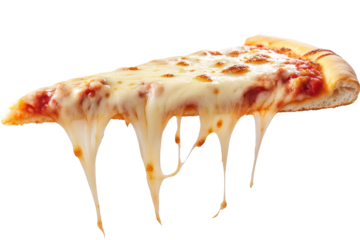 Close-up view of a cheesy pizza slice with melted cheese dripping down the side.  The slice is displayed against a plain background.