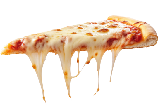 Close-up view of a cheesy pizza slice with melted cheese dripping down the side.  The slice is displayed against a plain background.