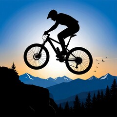 Obraz premium silhouette of jumping bike at the mountain at sunrise