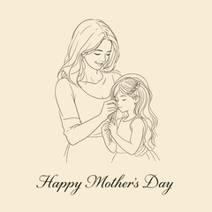 Tender Mother Braiding Daughter's Hair, Line Art Illustration