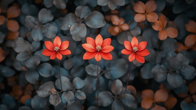 Vibrant red florals amidst dusky foliage creating a serene and captivating floral composition perfect for backgrounds or botanical themes nature's subtle art