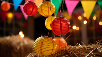 Colorful lanterns and festive bunting creating a cheerful ambiance perfect for celebrations.