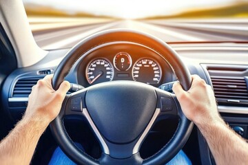 Obraz premium Hands gripping steering wheel, driving on highway
