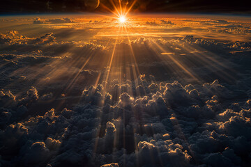 The stunning display of the sun breaking through dramatic clouds creates a beautiful contrast of light and shadow, casting a majestic glow over the earth below  