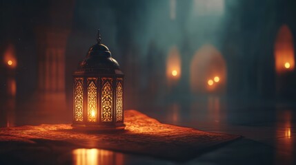 Fototapeta premium intricate lantern radiating warmth against a shadowy backdrop, e