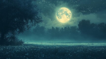 Full Moon Over a Mystical Forest at Night