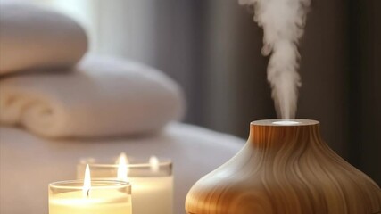 Relaxing spa ambiance.  Soft lighting, warm candles, and essential oil diffuser create a serene spa atmosphere