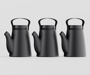 Three modern black teapots in row