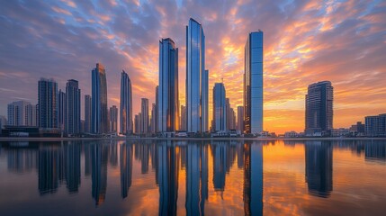 Fototapeta premium City skyline reflected in calm water at sunrise.