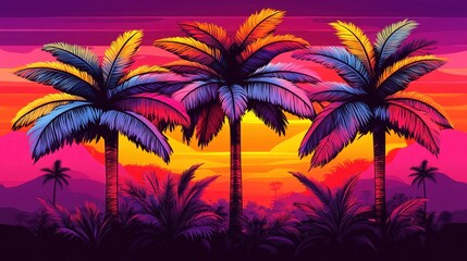 Obraz premium Vibrant pixel art panorama of tropical palm trees silhouetted against a vivid sunset evoking nostalgia and digital aesthetics creating a calming ambiance