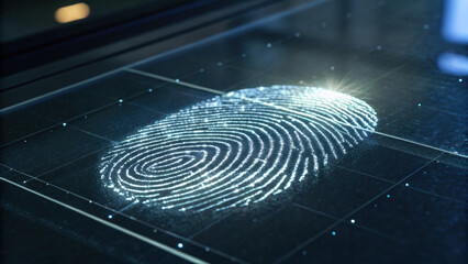 Digital fingerprint scan is illuminated sleek surface, showcasing intricate patterns and details. light creates captivating