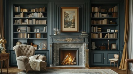 Living room with marble wall fireplace, wood bookcase, gray and gold furniture in luxury country house