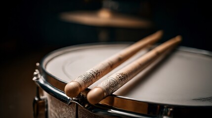 Obraz premium Close-up of ornate drumsticks resting on a snare drum with soft lighting