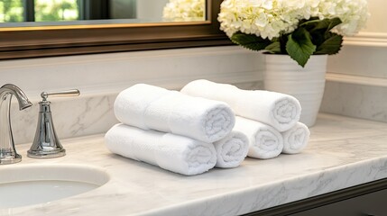 Soft hand towels rolled beside a bathroom sink on marble counter