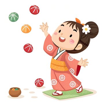 Girl playing Japanese bean bags (Otedama), juggling, front view