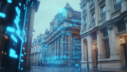 Futuristic city street with digital overlay