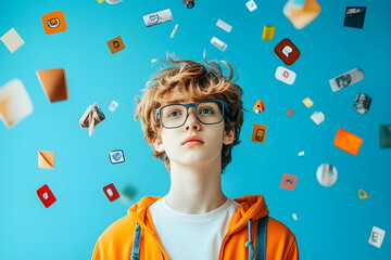 Curious boy looking up with floating icons, symbolizing digital learning and imagination.