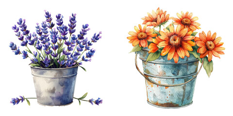 bucket of flowers watercolor vector illustration