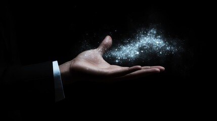 A hand holds a shimmering cloud of particles, representing magic.
