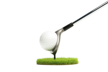 Golf club about to strike a golf ball on a small grassy tee, rendered with realistic detail.