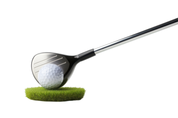 Golf club is about to strike a golf ball resting on a small patch of artificial grass.