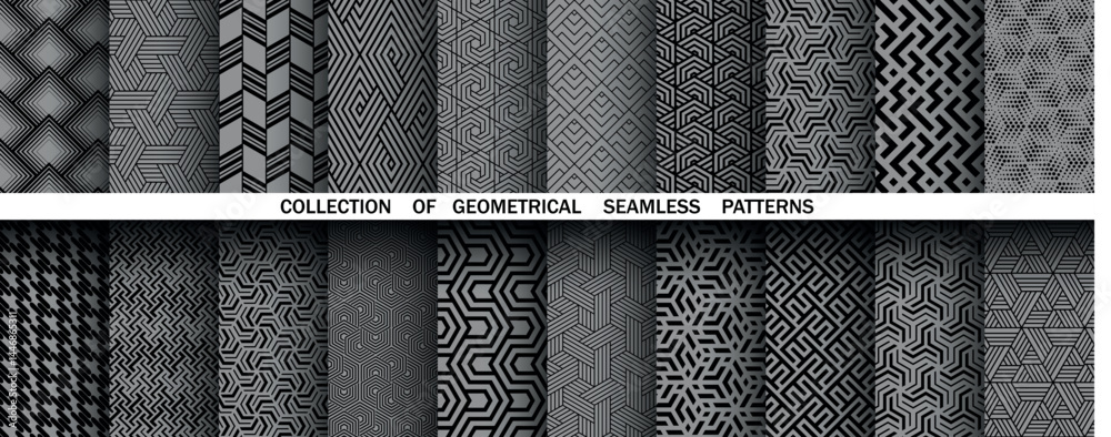 Poster Geometric set of seamless black and gray patterns. Simple vector graphics