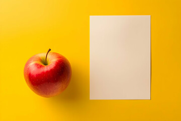Apple and blank sheet on yellow background, symbolizing school nutrition and writing potential.