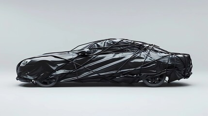 A car completely wrapped in black latex tarp, tightly secured with thin ropes crisscrossing over the tarp's surface, Generative AI illustrations.
