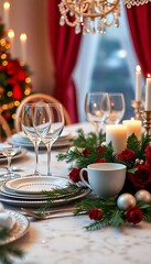 Fototapeta premium table set for christmas dinner with candles and decorations