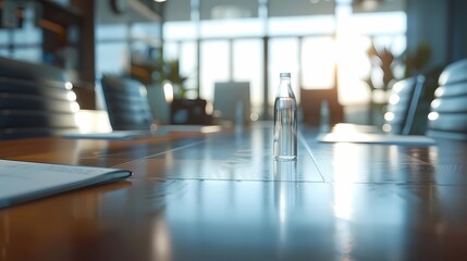Fototapeta premium A midday light, close view of a conference table in a modern aluminum and glass office, men and women on the table, reacting documents and charts, well-lit image in light pastel tones, Generative AI 