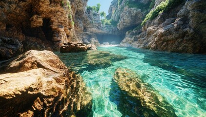 Sunlit cove with crystal-clear turquoise water, nestled between rocky cliffs