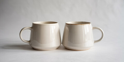 Fototapeta premium Two Elegant Off-White Ceramic Mugs on a White Background, Perfect for Coffee or Tea