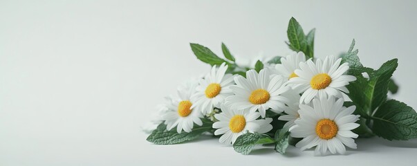 Daisies with green leaves on white background