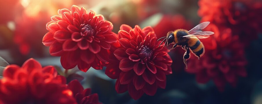 A bee in flight near vibrant red dahlia flowers bathed in sunlight
