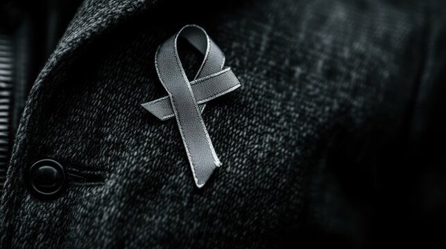 Gray ribbon on a coat lapel symbolizes a social issue or health concer