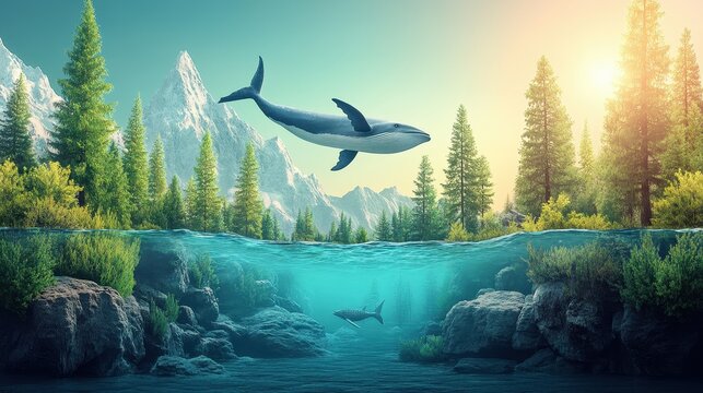 Surreal oceanic landscape with a pixelated whale soaring over the forest mountains and crystal sea reflecting the blue skies with sun flair
