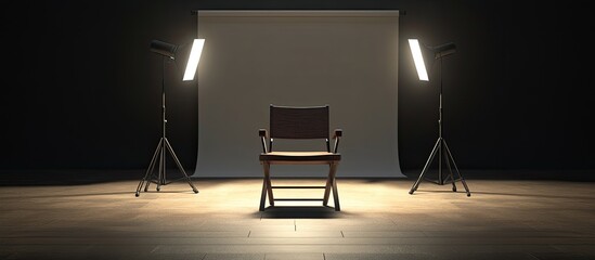 A lone chair sits center stage, lit by two bright lights, before a backdrop