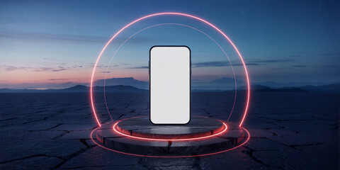 Blank Smartphone Screen on Dark Stone Platform with Neon Lights at Sunset
