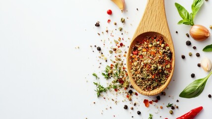 Wooden spoon filled with colorful spice blend, surrounded by herbs and peppers
