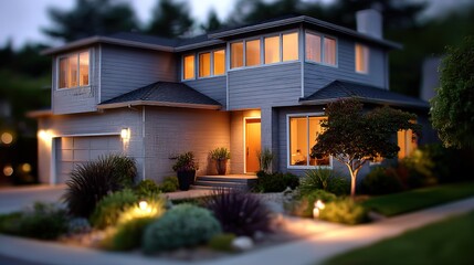 Fototapeta premium Modern home glowing at dusk with soft garden lights, blending warmth and sleek architecture 