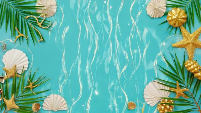 Decorative seascape border with shells, palm leaves, and lights.